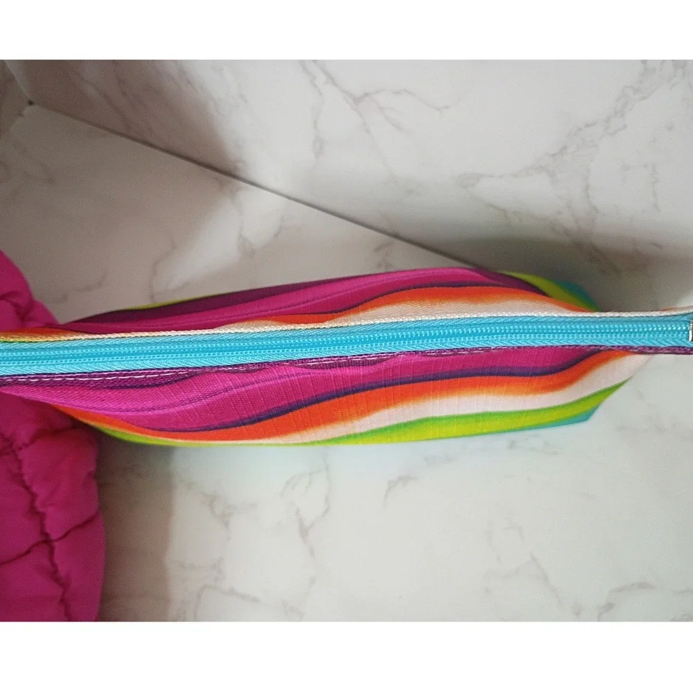 Hot Pink Quilted Puffer Hobo Bag & Clinque Striped Cosmetic Bag